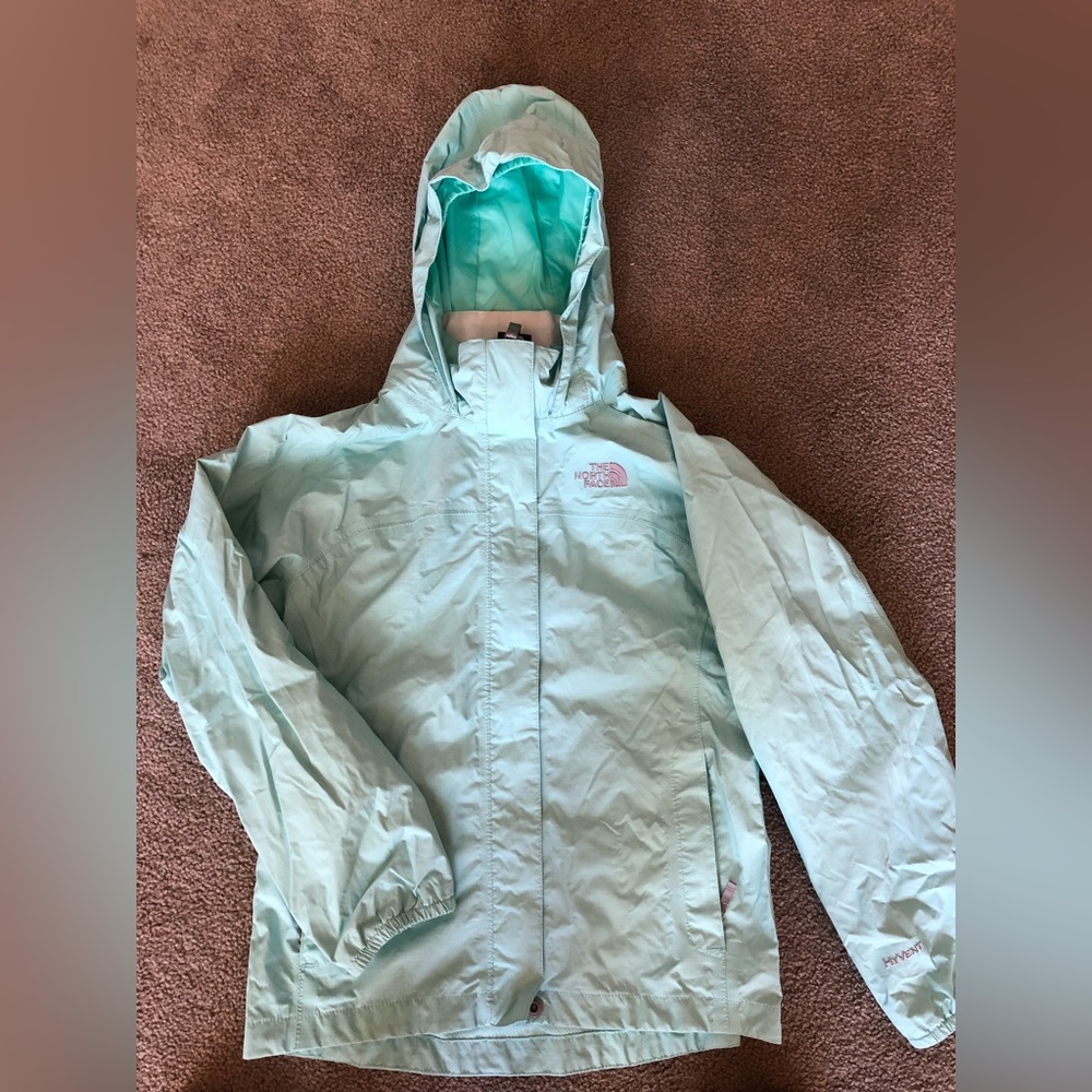 North Face blue girls raincoat with hood